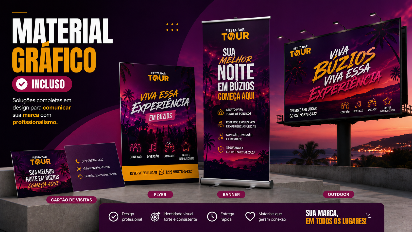 Material gráfico Fiesta Bar Tour — cartão, flyer, banner e outdoor